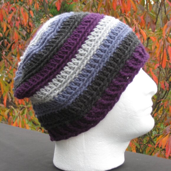Plum Gray Stripe Hand Knit / Crochet Unisex  Winter Beanie NEW - Picture 3 of 11